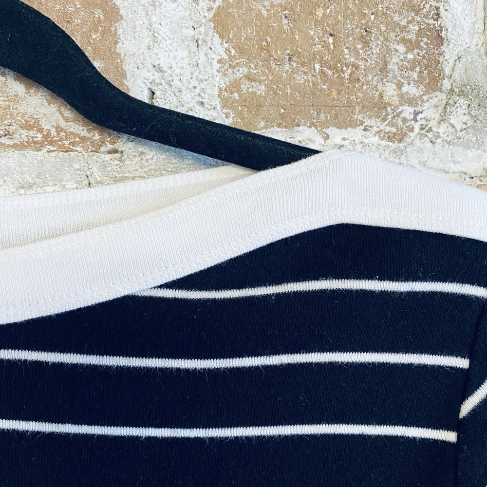 Chaps Boat Neck M Black White Stripe Lace Up 3/4 Sleeve Nautical Coastal Preppy - Picture 8 of 13